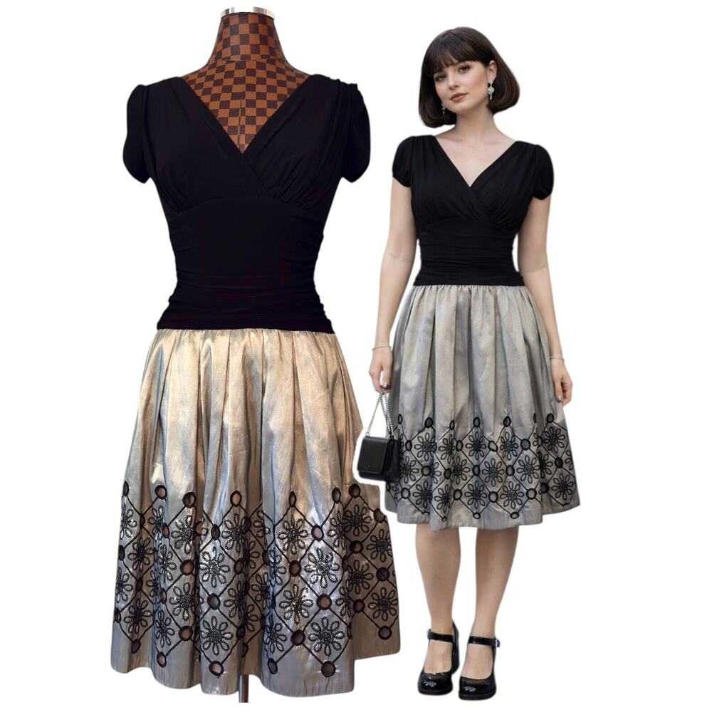 Taffeta Fairy Black Silver Dress Size 8 Draped Ruched Knit Top Y2K SL Fashions